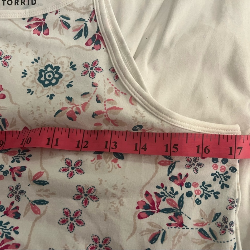 Torrid White Floral Top with Pink and Blue Details